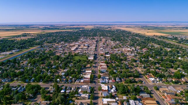 Summer drone photograph: panoramic cityscape and patchwork fields in Colorado