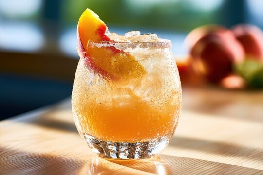 Summertime Cocktail Scene: Peach Margarita on a Wooden Surface with Peach Wedge