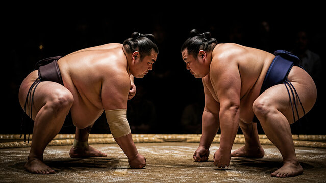 Two Professional Sumo Wrestlers in Traditional Stance Facing Each Other on Sand Ring, Depicting Japanese Sport Culture and Athletic Competition