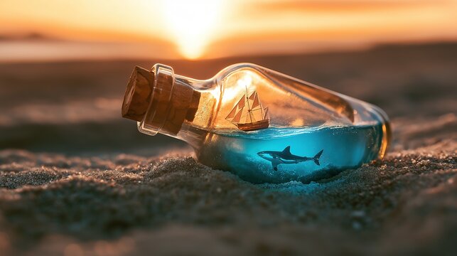 Sunlit glass bottle on sandy beach at sunset holding tiny blue marine world with sailing ship and shark inside. Coastal nature concept for travel or environmental storytelling.