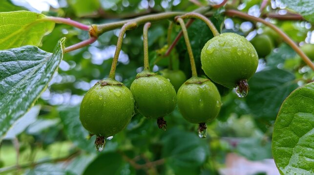 Sunlit cluster of hardy kiwifruit on vine with morning light and natural texture