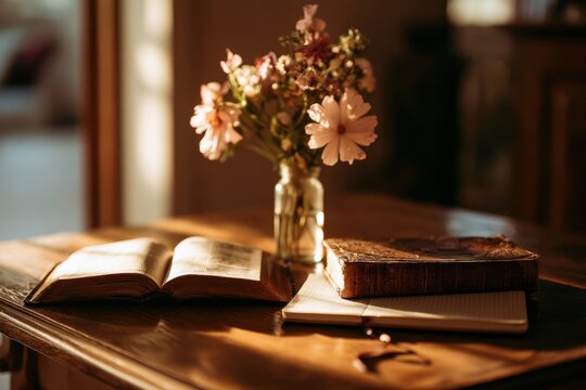 Sunlit devotional still life: Bible, journal, and fresh flowers on a wooden table
