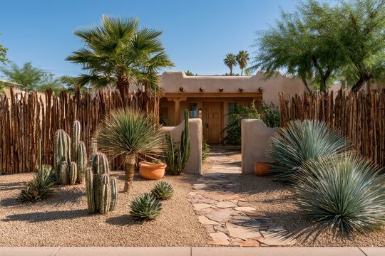 Sunlit Desert Front Yard in Arizona with Cacti, Gravel Ground, and Adobe Home Exterior