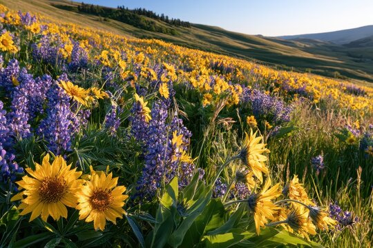Sunlit field of wildflowers: arrowleaf balsamroot and lupine in a serene landscape