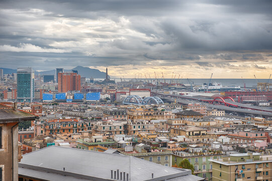 Panorama of Genoa City and Port under a Dramatic Sky