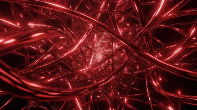 Cinematic 3D scene of a complex crimson fiber network with intertwined energy strands.