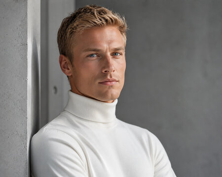 Confident Blonde Man in White Turtleneck Sweater Leaning Against Concrete Wall in Studio Portrait