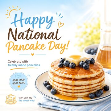 National pancake day breakfast flyer with blueberries and maple syrup, pancakes