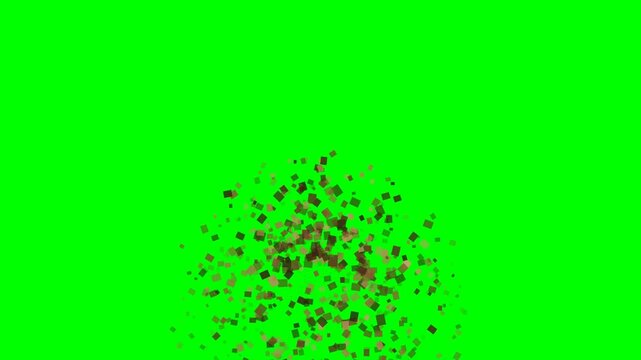 Explosion of brown square confetti particles isolated on green screen