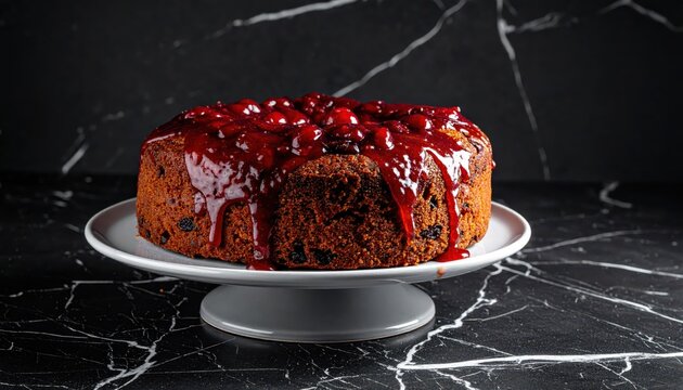 Delicious round fruitcake topped with rich berry compote and dripping sauce, presented on a cake stand against a dark marbled background.