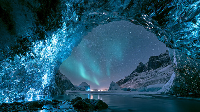 View from inside a glowing blue ice cave toward the Northern Lights over Iceland, natural ice arch framing the sky, emerald aurora illuminating crystal ice walls, realistic reflections.