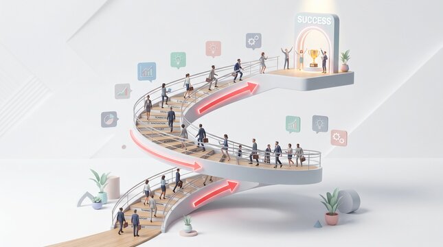 Modern 3D business concept showing a staircase leading upward with red arrows pointing to success, tiny business people climbing the steps, minimalist pastel color palette, clean white background, rea