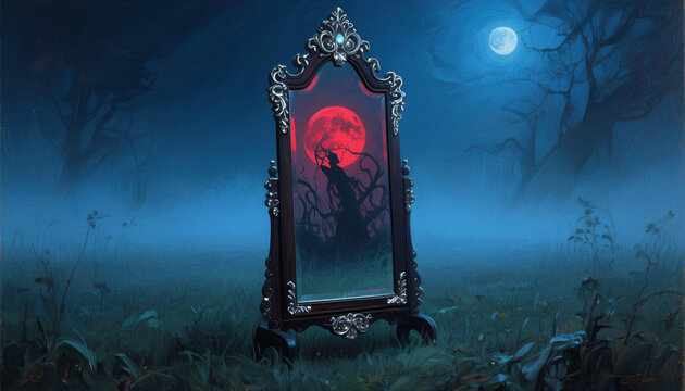 Gothic mirror reflecting a red moon in a misty forest at night  