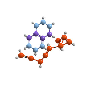 Complex 3d molecular structure of adenosine triphosphate with adenine base, ribose ring and phosphate chain, white background, scientific research concept