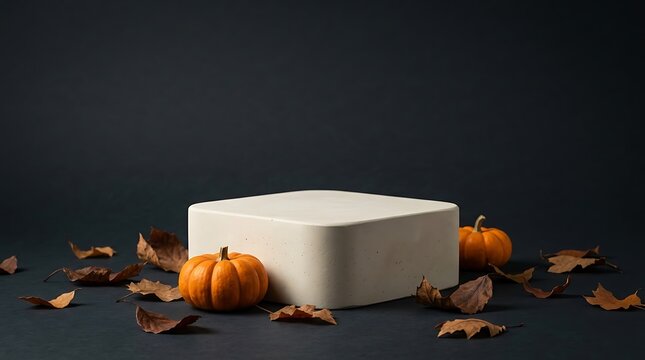 Minimalist white product display podium decorated with small pumpkins and autumn leaves for a festive halloween theme