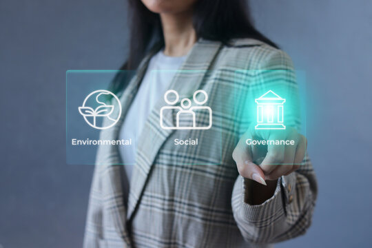 Businesswoman Touching Virtual Screen Selecting Governance Option from ESG