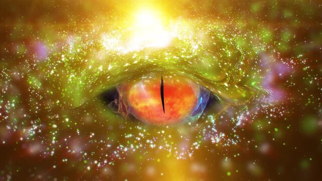 A mesmerizing cosmic eye with a glowing orange iris, swirling blue energy streams, radiant starlight, and celestial particles creates a surreal vision of universal consciousness and infinite mystery.
