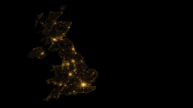 Glowing Connections Across the United Kingdom &mdash; futuristic map formed by golden city lights, network nodes and illuminated routes on a deep black background.