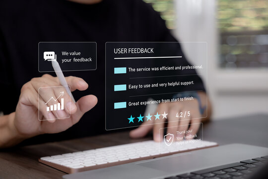 User feedback survey with service reviews, star rating and performance insights, representing customer satisfaction, experience evaluation and quality improvement.
