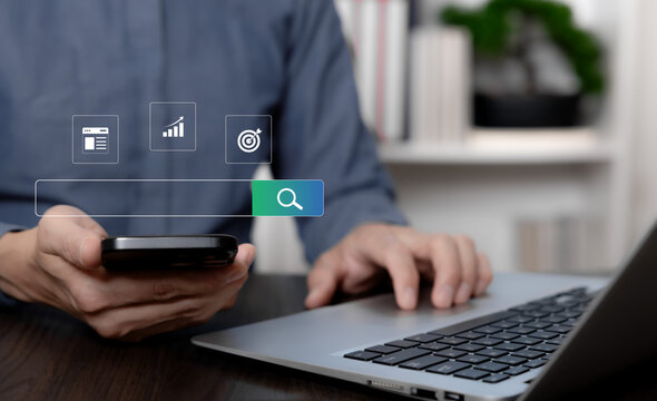 Search engine optimization concept with online search, website visibility, growth analytics and target performance, representing digital marketing strategy and business discovery.
