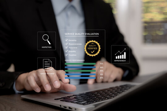 Service quality evaluation dashboard with reliability, responsiveness, assurance, empathy and performance metrics, representing inspection, verified standards and continuous improvement.
