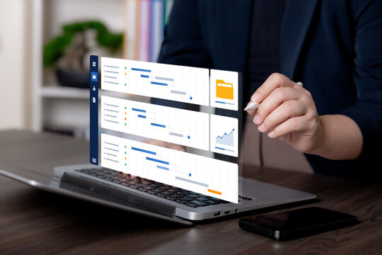 Project portfolio management dashboard with Gantt charts, task schedules, milestones and progress tracking, representing workflow planning, resource coordination and business productivity.
