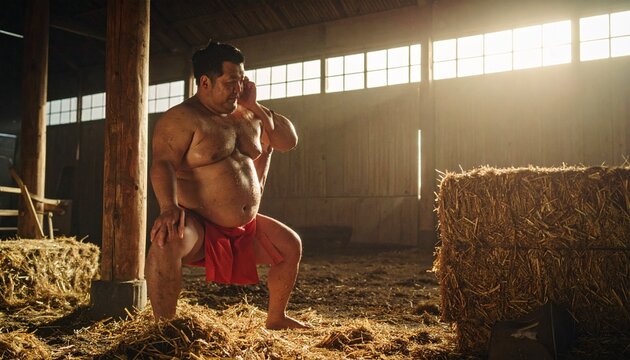 A focused professional sumo wrestler training in a rustic barn setting with golden sunlight streaming through the windows during a morning practice