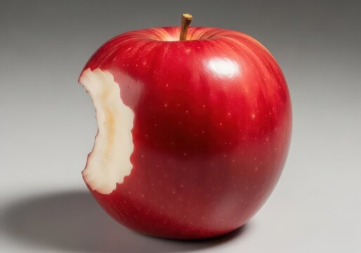 Red apple with one bite taken showing fresh white inside isolated on white background
