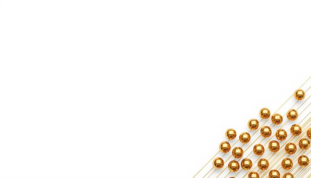 Group of golden spheres arranged in corner on white background with three dimensional metallic arrangement abstract luxurious minimalist geometric precious decoration background backdrop