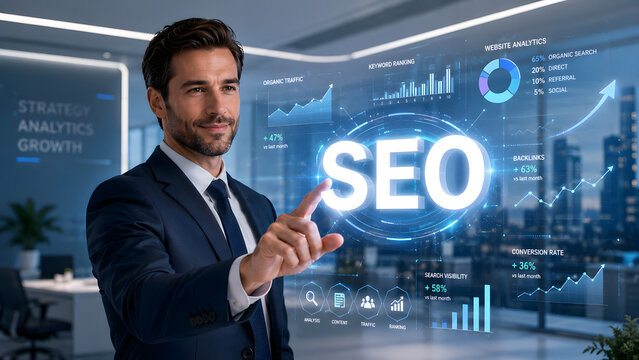Businessman in suit pointing at glowing SEO search engine optimization text hologram with marketing analytics in modern office background.