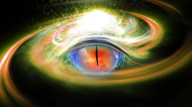 A mesmerizing cosmic eye with a glowing orange iris, swirling blue energy streams, radiant starlight, and celestial particles creates a surreal vision of universal consciousness and infinite mystery.
