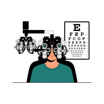 Eye exam phoropter vision test illustration with optometrist