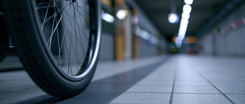 Close-up of bicycle wheel in station