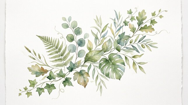 Beautiful watercolor illustration featuring a lush arrangement of green forest leaves ferns ivy and wild herbs on white background
