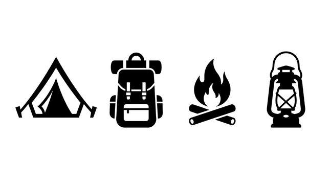 Outdoor camping equipment and survival icons set.