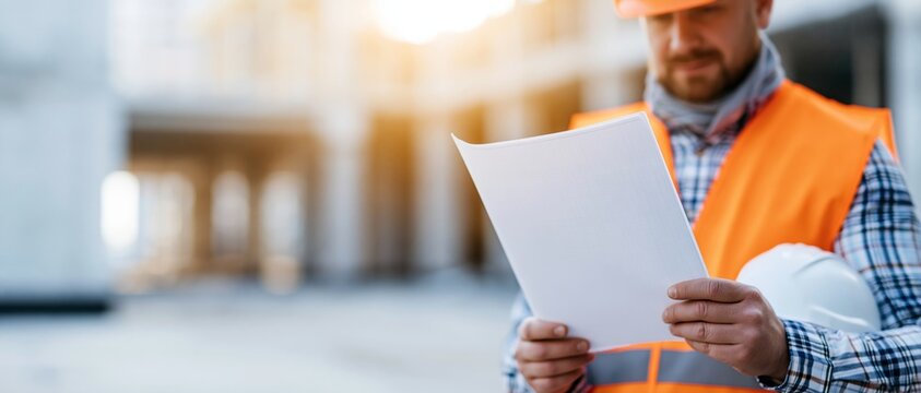 Construction worker reviewing building plans