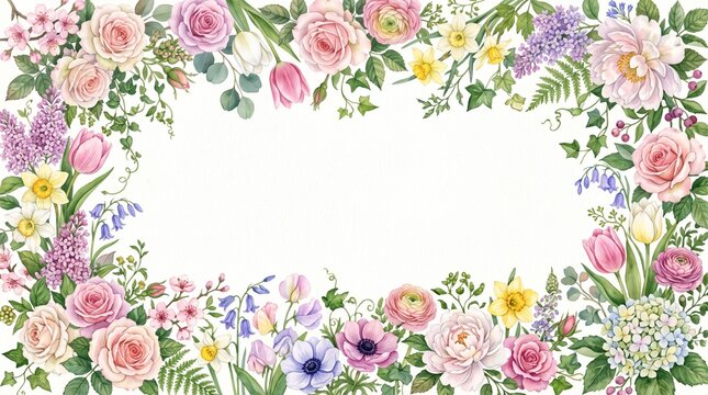 Beautiful watercolor floral frame featuring delicate pink roses and assorted wildflowers isolated on a clean white background for design projects