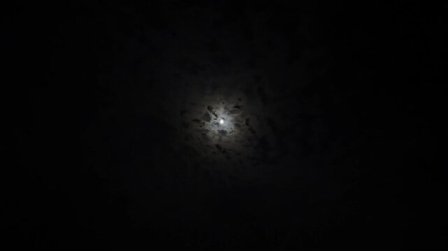 Bright full moon surrounded by moving dark storm clouds in the night sky captured as a dramatic high resolution video