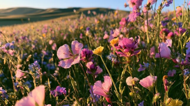 Sunlit wildflower field near Lompoc with pink, purple, and yellow blooms