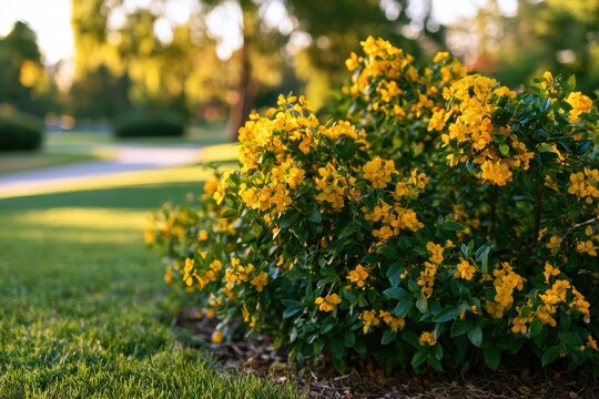 Sunny yellow Galphimia blooms on a lush park shrub