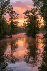 Obraz premium Sunset over Congaree River in Congaree National Park: tranquil floodplain forest reflections