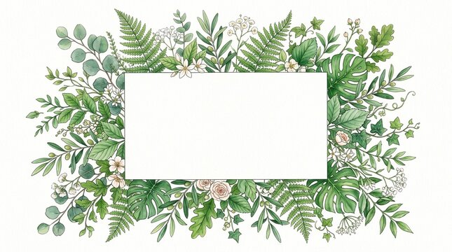 Beautiful watercolor frame made of green forest leaves and fern branches with a white rectangular center for your custom text