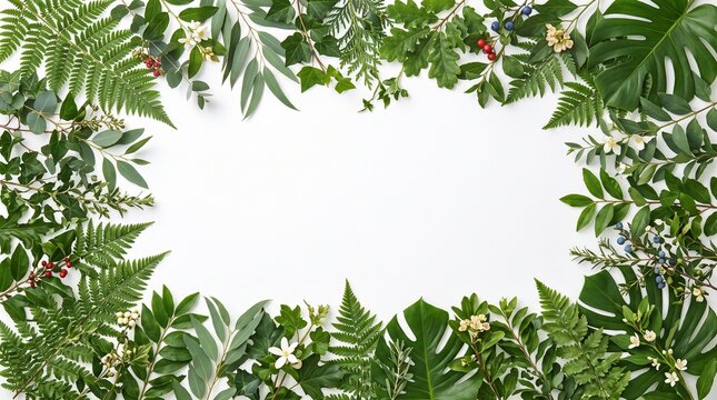 A beautiful rectangular frame made of various tropical leaves and green foliage surrounding a blank white space for your text