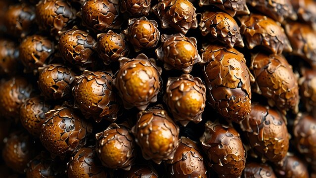 Macro close-up shot of an intricate golden-brown organic seed pod or pinecone texture with glistening water droplets and dramatic lighting