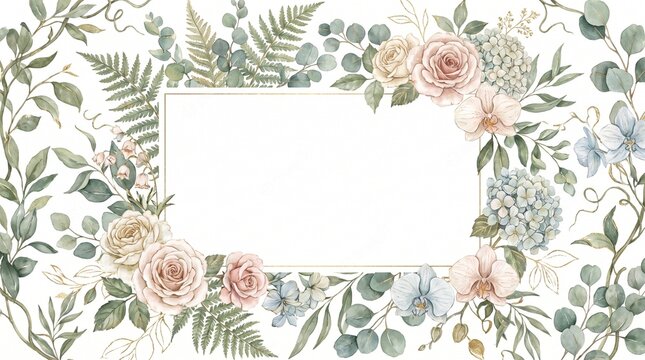 Elegant floral frame featuring delicate hand drawn watercolor flowers and green foliage with a blank white space for your text
