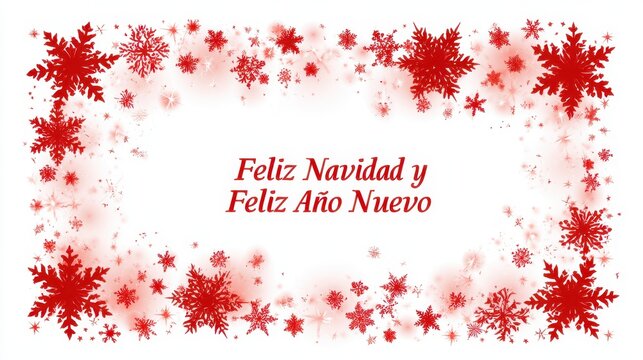 Tarjeta navide&Atilde;&plusmn;a con copos de nieve rojos, estrellas y brillo sobre fondo blanco para Feliz Navidad y Feliz A&Atilde;&plusmn;o Nuevo