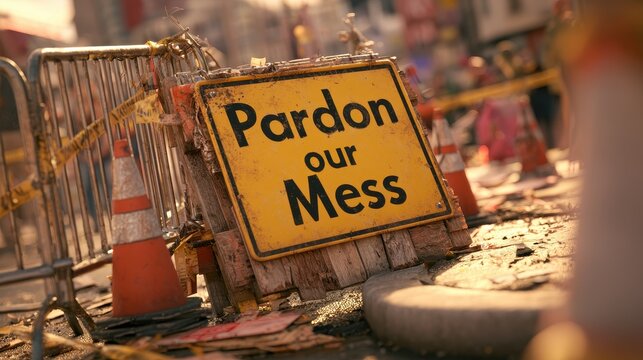 Temporary Construction Barrier Scene: Orange Cones, Metal Chain, Weathered Wood, and a Pardon Our Mess Sign
