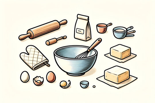 Baking utensils and raw ingredients are displayed on a clean surface as a collection of essential tools for pastry making.