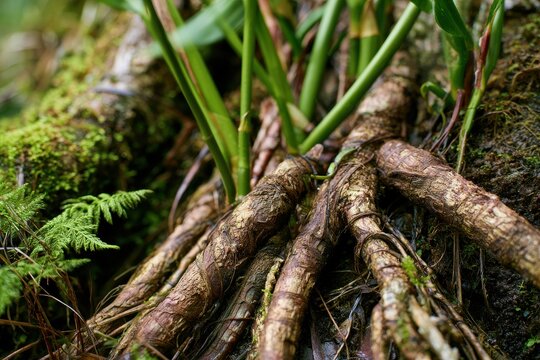 Textured smilax root systems among moss and foliage in a subtropical Florida wetland