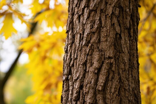 Textured trunk of a shagbark hickory amid amber leaves and gentle natural light